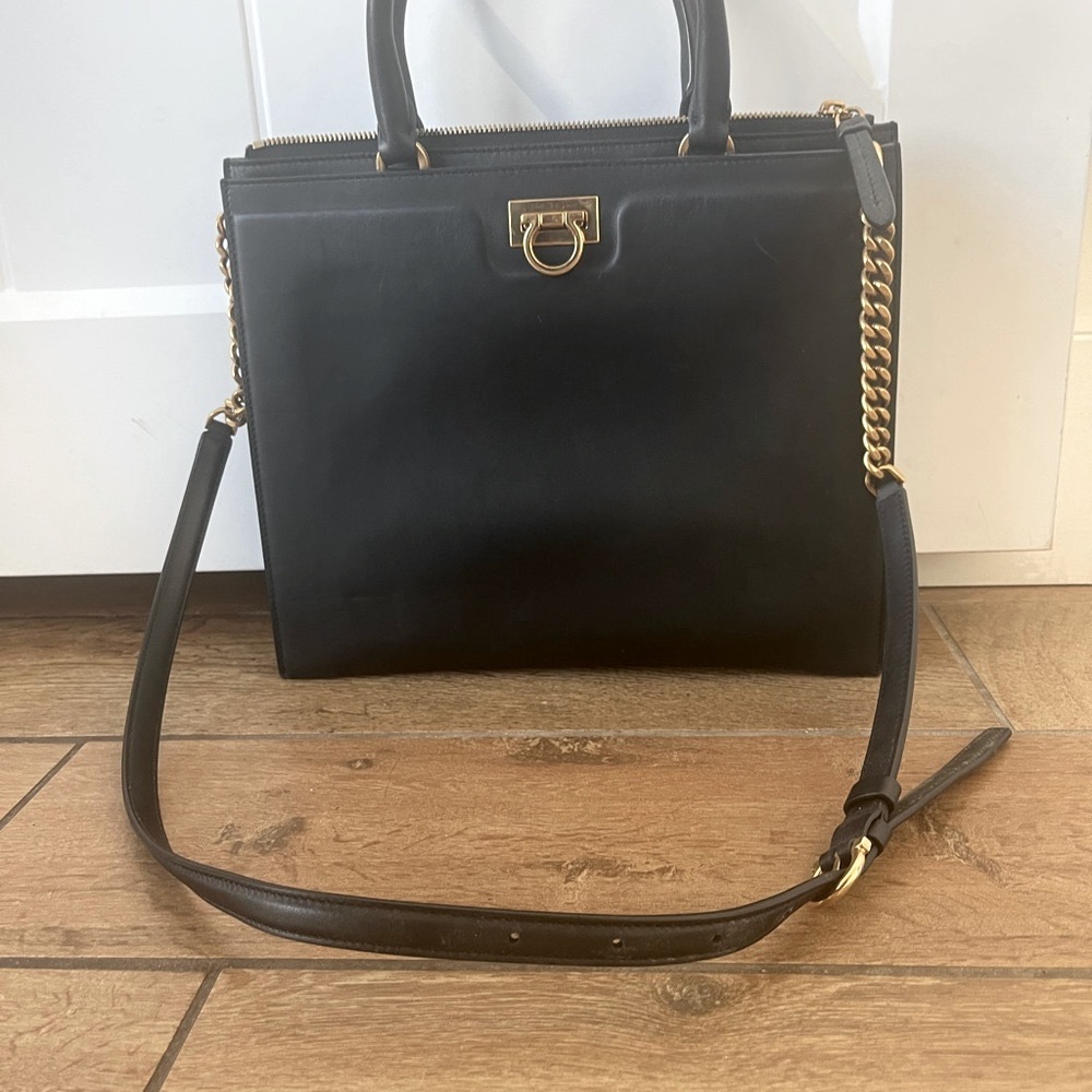 Salvatore Ferragamo Black and Gold Structured Leather Satchel